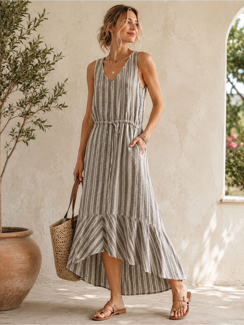 Drew Linen Blend Striped Drawstring Midi Dress Gray White Size Medium